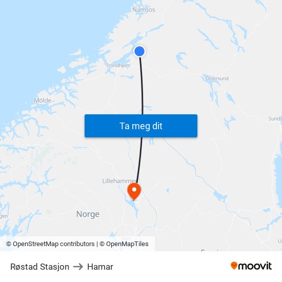 Røstad Stasjon to Hamar map