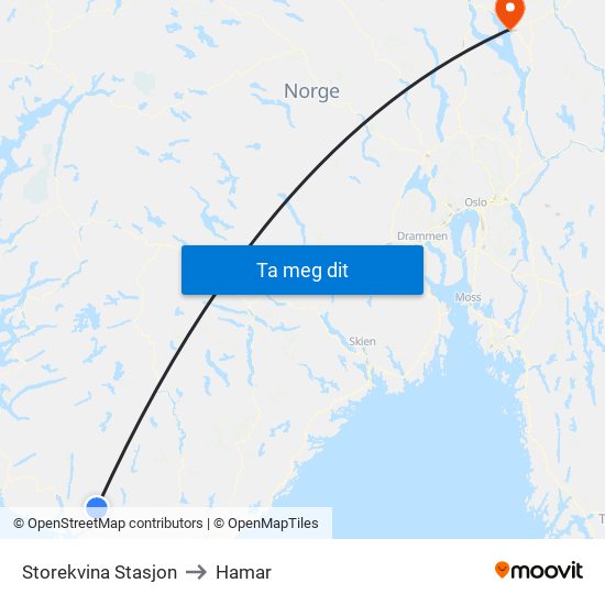 Storekvina Stasjon to Hamar map