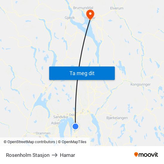 Rosenholm Stasjon to Hamar map