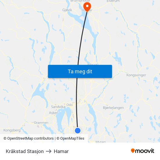 Kråkstad Stasjon to Hamar map