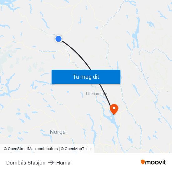 Dombås Stasjon to Hamar map