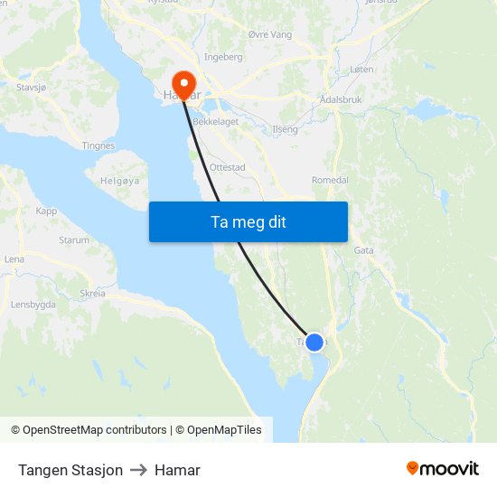 Tangen Stasjon to Hamar map