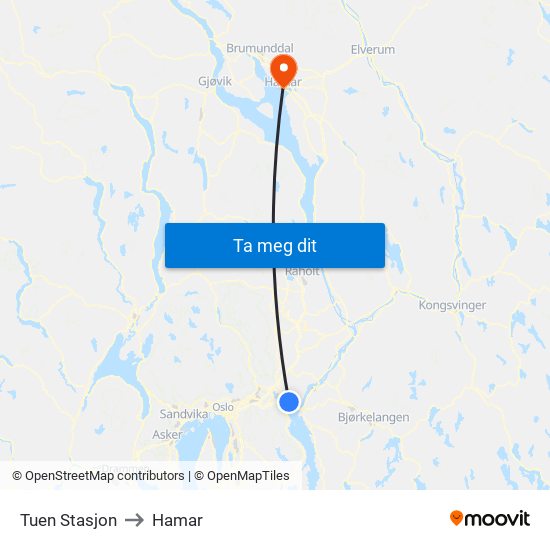 Tuen Stasjon to Hamar map