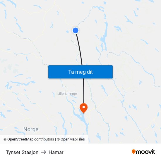 Tynset Stasjon to Hamar map