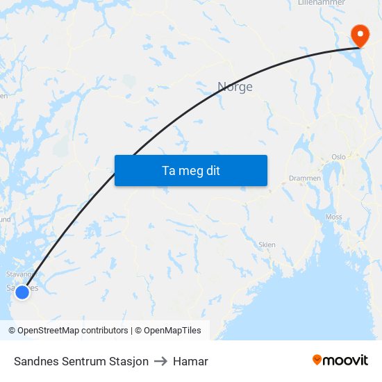 Sandnes Sentrum Stasjon to Hamar map