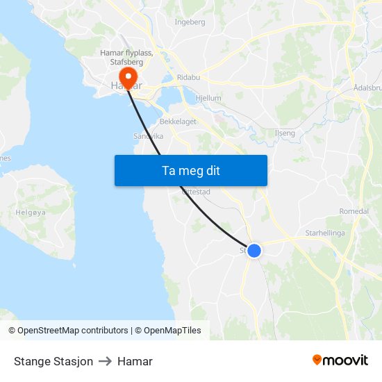 Stange Stasjon to Hamar map