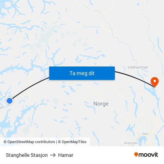 Stanghelle Stasjon to Hamar map