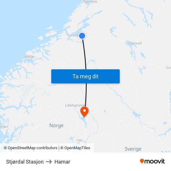 Stjørdal Stasjon to Hamar map