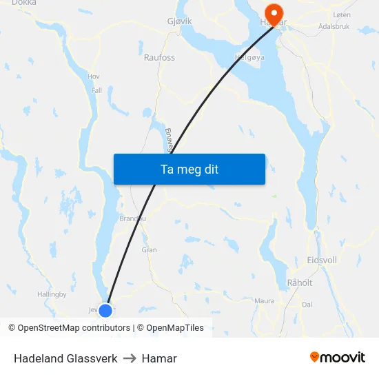 Hadeland Glassverk to Hamar map