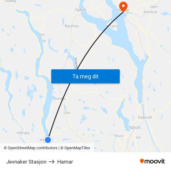 Jevnaker Stasjon to Hamar map