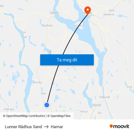 Lunner Rådhus Sand to Hamar map