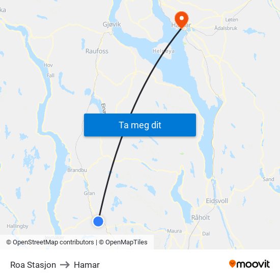 Roa Stasjon to Hamar map