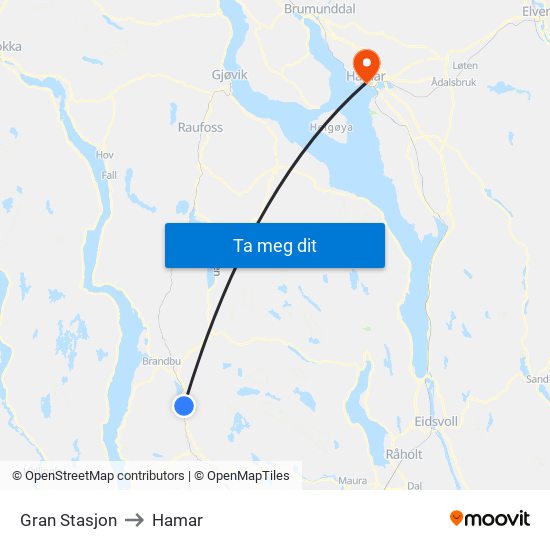 Gran Stasjon to Hamar map