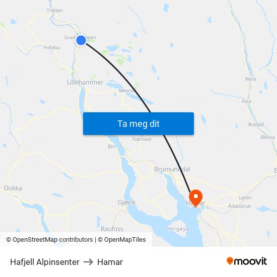 Hafjell Alpinsenter to Hamar map