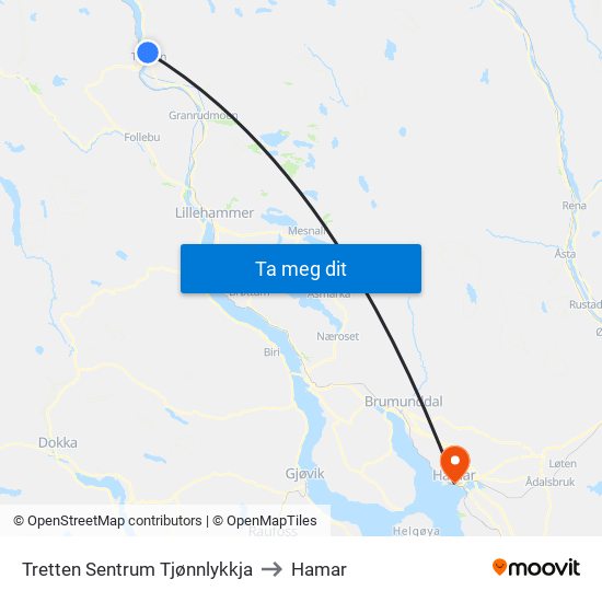 Tretten Sentrum Tjønnlykkja to Hamar map