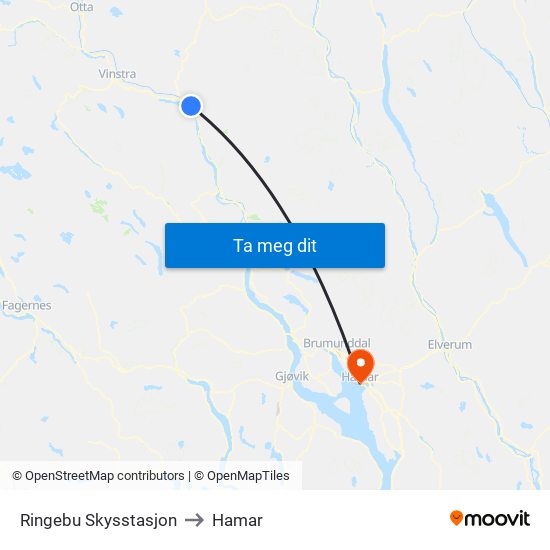 Ringebu Skysstasjon to Hamar map