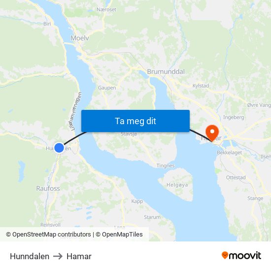 Hunndalen to Hamar map