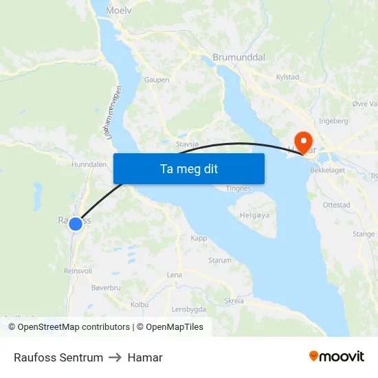 Raufoss Sentrum to Hamar map