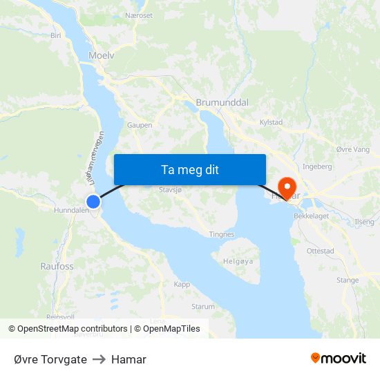 Øvre Torvgate to Hamar map