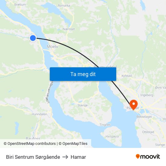 Biri Sentrum Sørgående to Hamar map