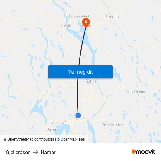 Gjelleråsen to Hamar map