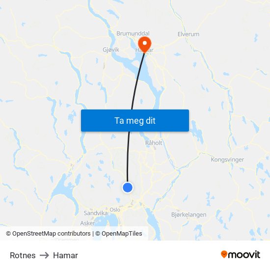 Rotnes to Hamar map