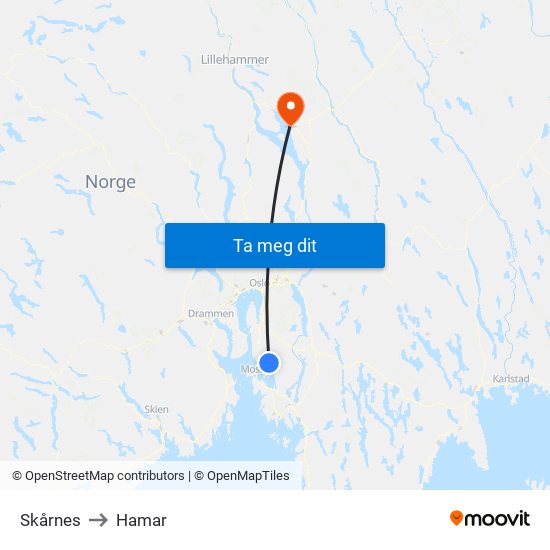 Skårnes to Hamar map