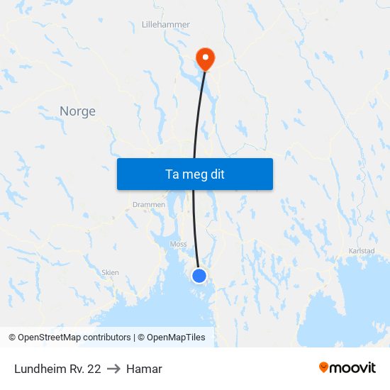 Lundheim Rv. 22 to Hamar map