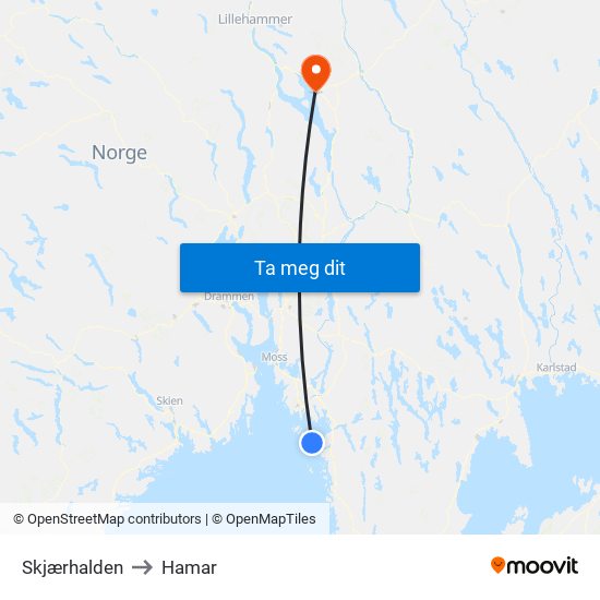 Skjærhalden to Hamar map