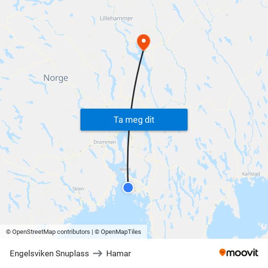 Engelsviken Snuplass to Hamar map