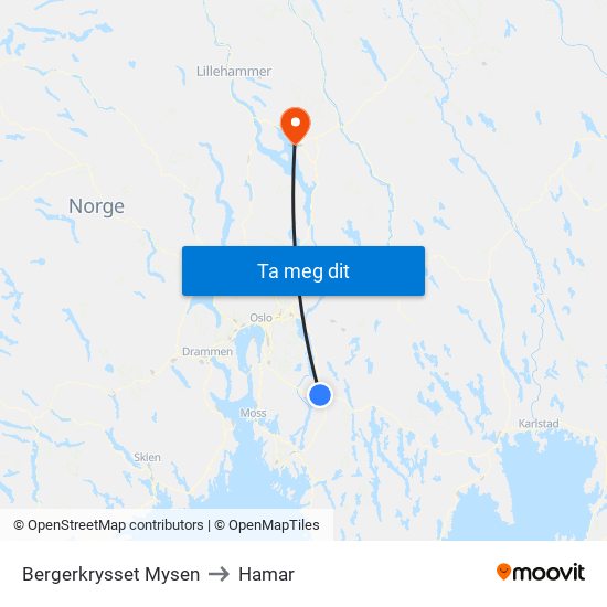 Bergerkrysset Mysen to Hamar map