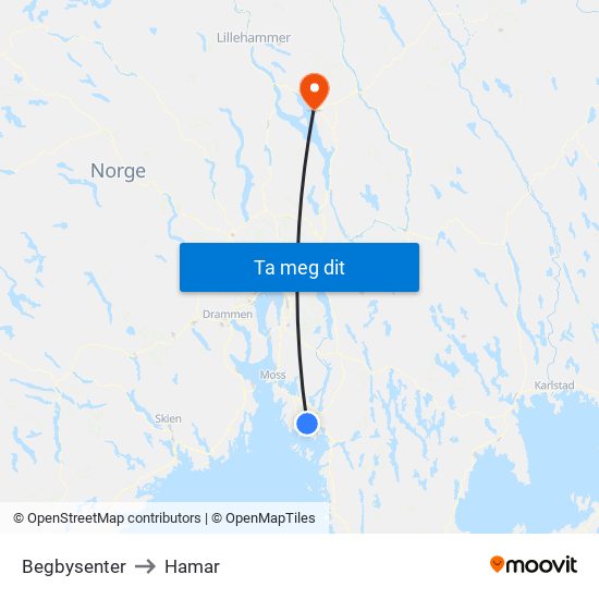 Begbysenter to Hamar map