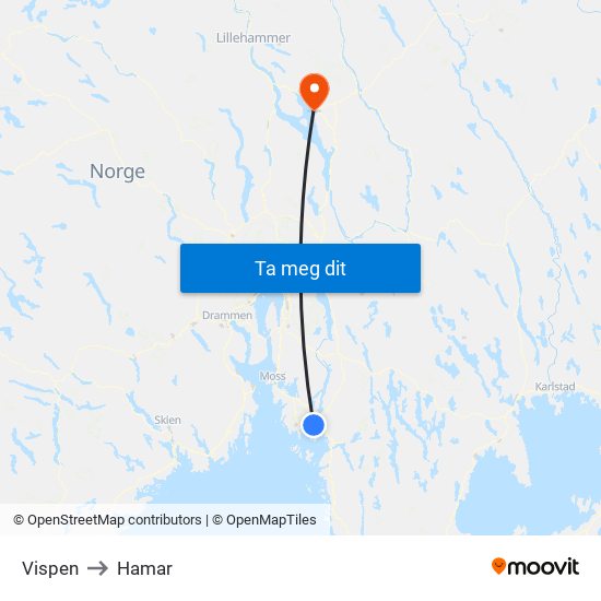 Vispen to Hamar map