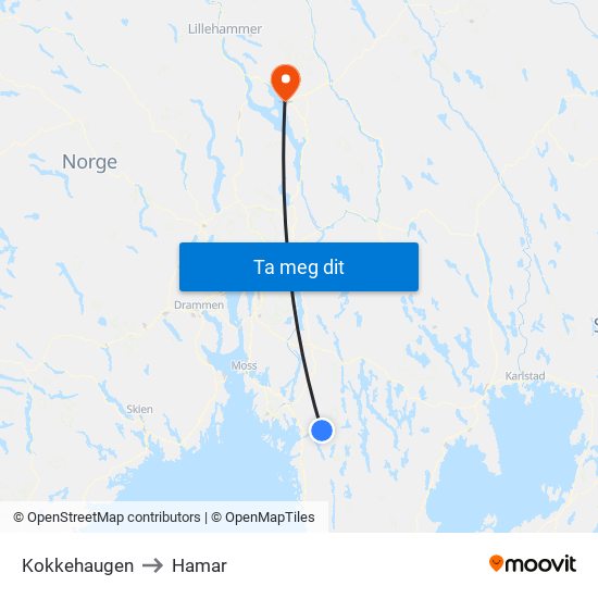 Kokkehaugen to Hamar map
