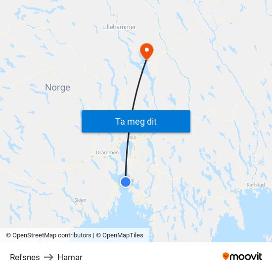 Refsnes to Hamar map