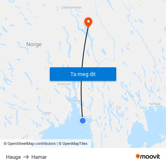 Hauge to Hamar map