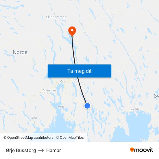Ørje Busstorg to Hamar map