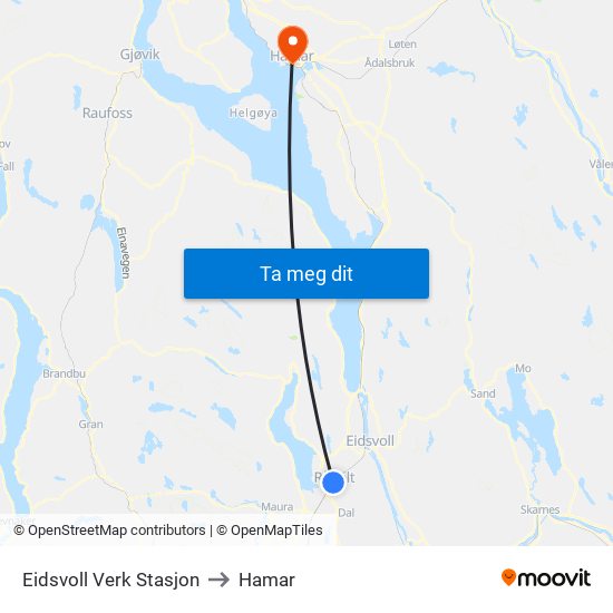 Eidsvoll Verk Stasjon to Hamar map