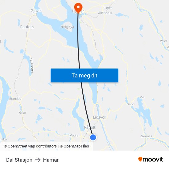 Dal Stasjon to Hamar map