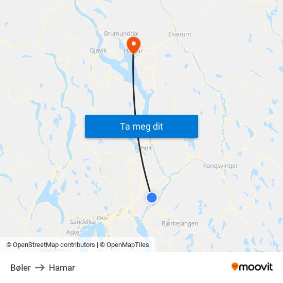 Bøler to Hamar map