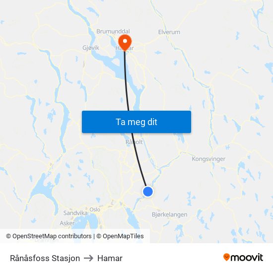 Rånåsfoss Stasjon to Hamar map