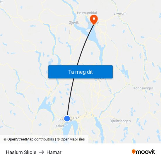Haslum Skole to Hamar map