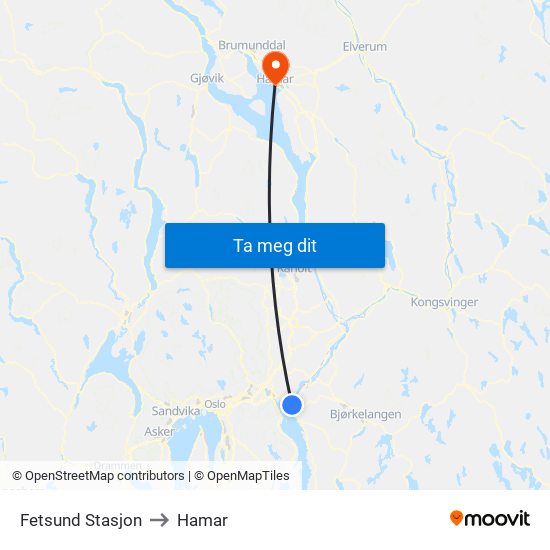 Fetsund Stasjon to Hamar map