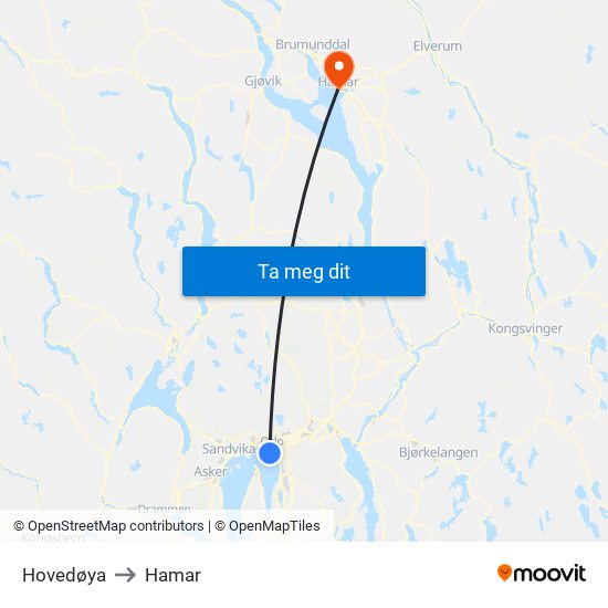 Hovedøya to Hamar map