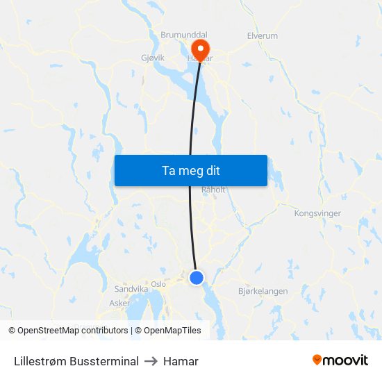 Lillestrøm Bussterminal to Hamar map