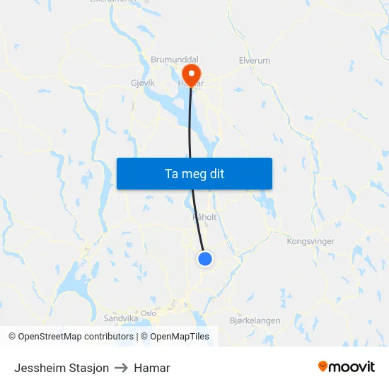 Jessheim Stasjon to Hamar map
