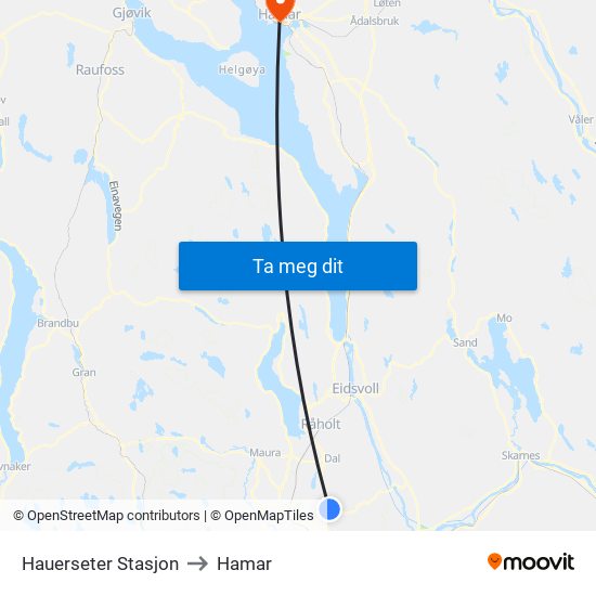 Hauerseter Stasjon to Hamar map