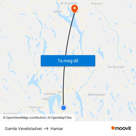 Gamle Vevelstadvei to Hamar map