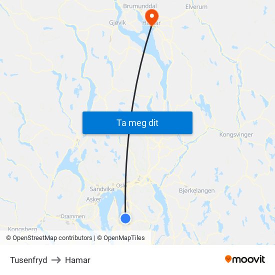 Tusenfryd to Hamar map