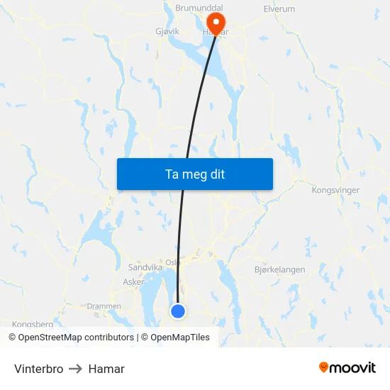 Vinterbro to Hamar map